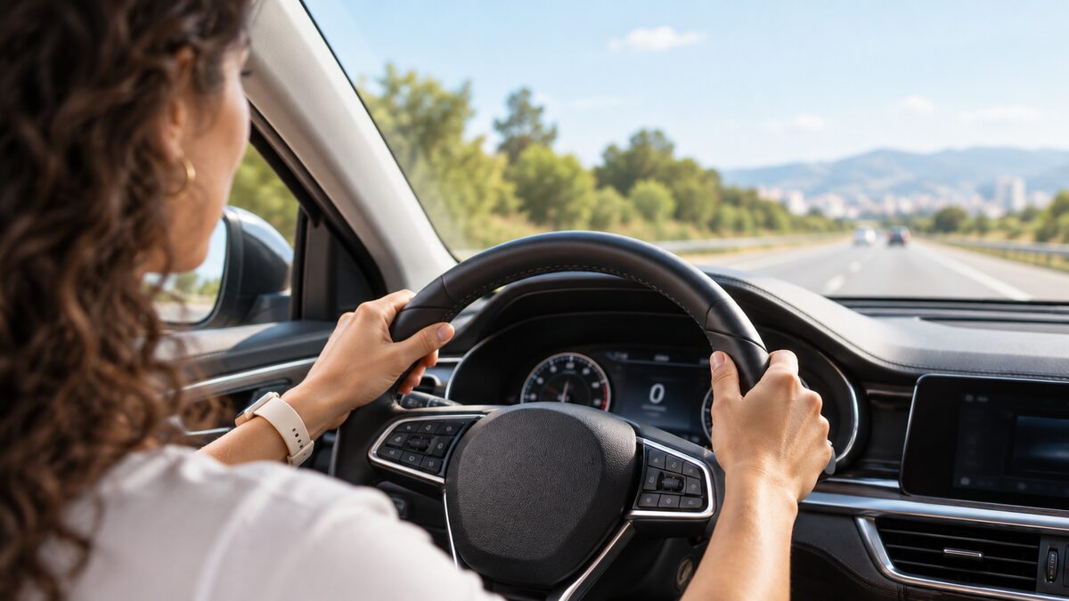 Motorista dirigindo, com as mãos no volante
