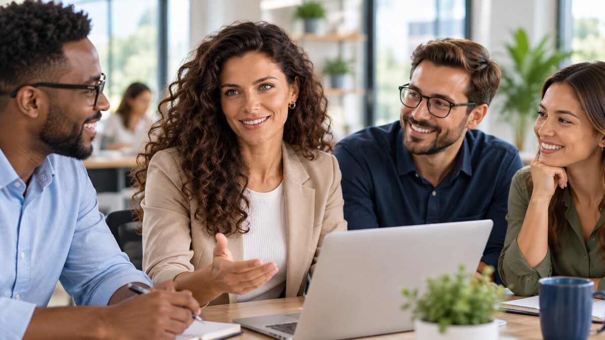 Equipe reunida sorrindo em volta de um laptop no escritório
