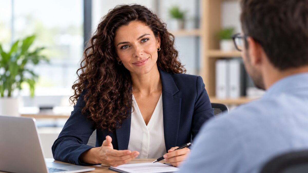 Corretora conversando com cliente em uma reunião de atendimento