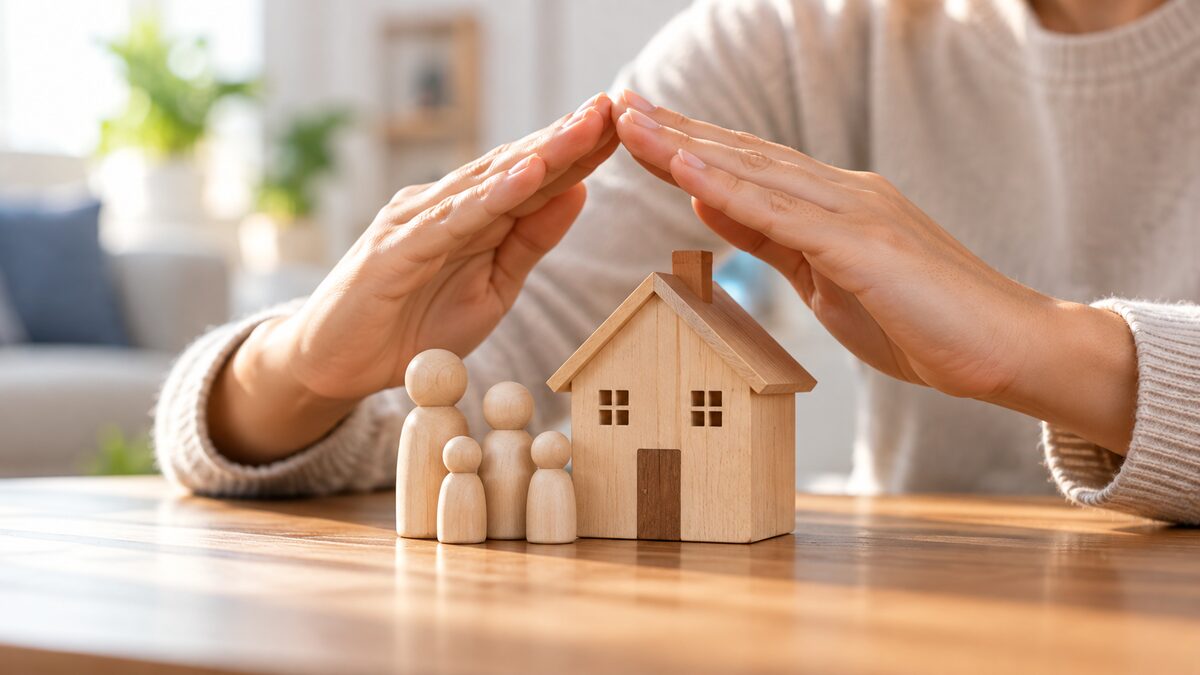 Mãos protegendo uma miniatura de casa e figuras de família em madeira